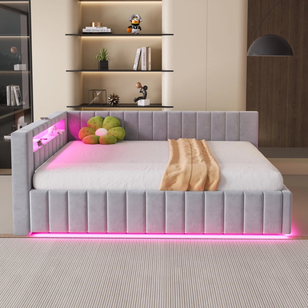 Letto imbottito 140x200 cm con contenitore idraulico; LED e USB; velluto grigio
