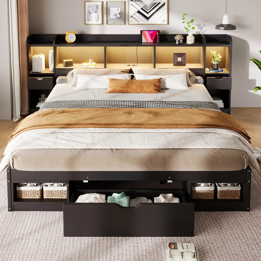 Letto a piattaforma 180 × 200 cm con contenitore MDF e compensato nero LED 3 cassetti e ripiani