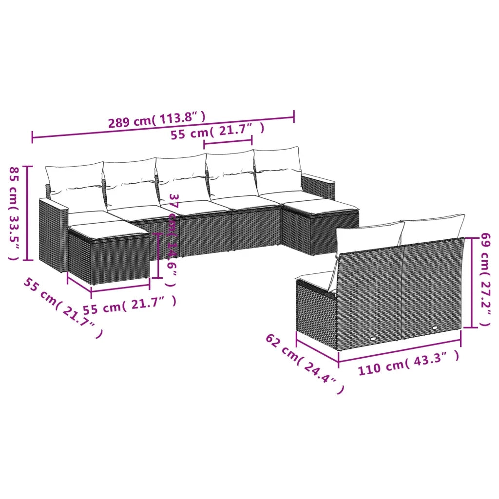 Set Divano da Giardino 9 pz con Cuscini Beige Misto Polyrattan
