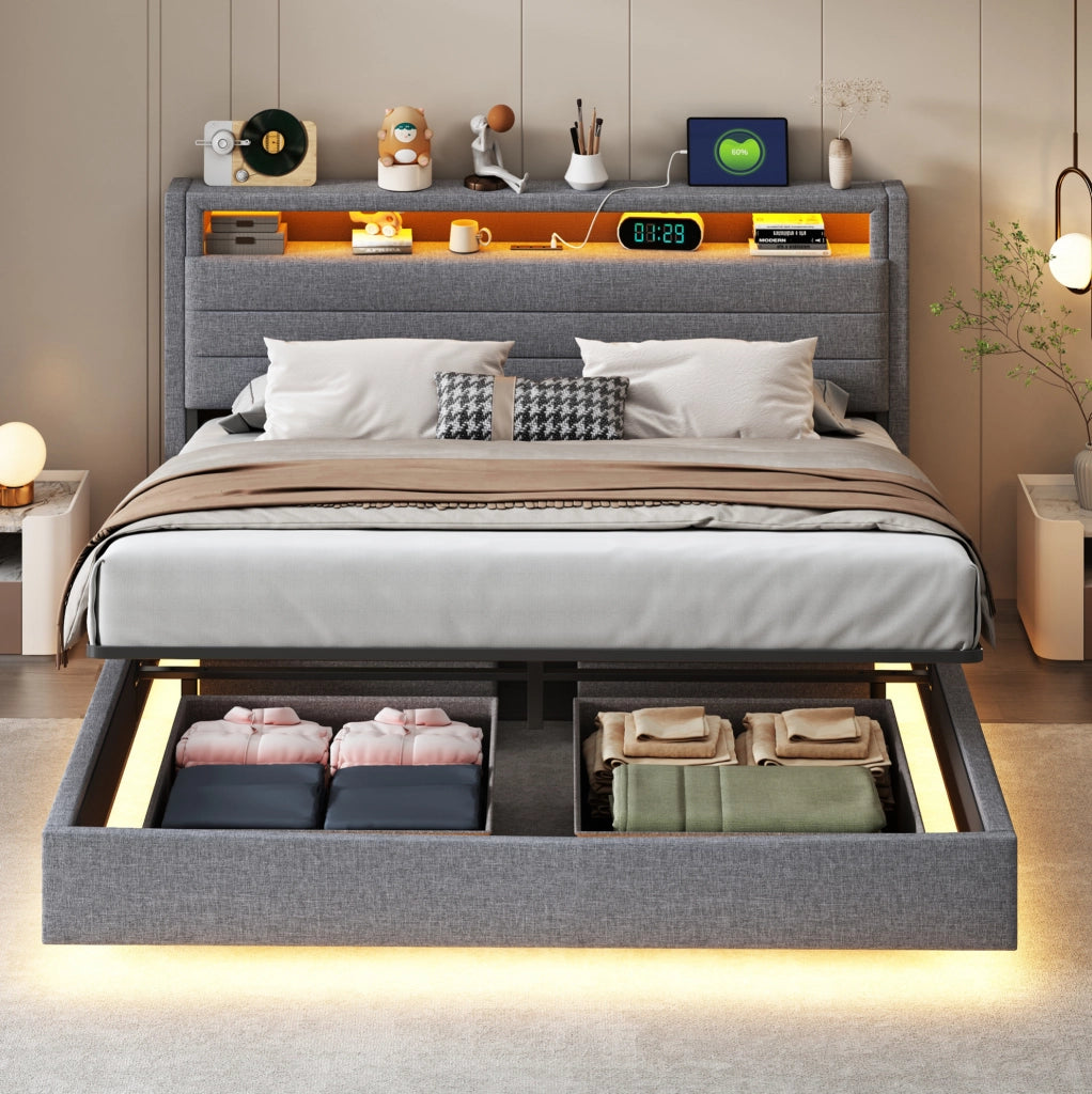 Letto imbottito 160x200 cm con contenitore, USB e LED