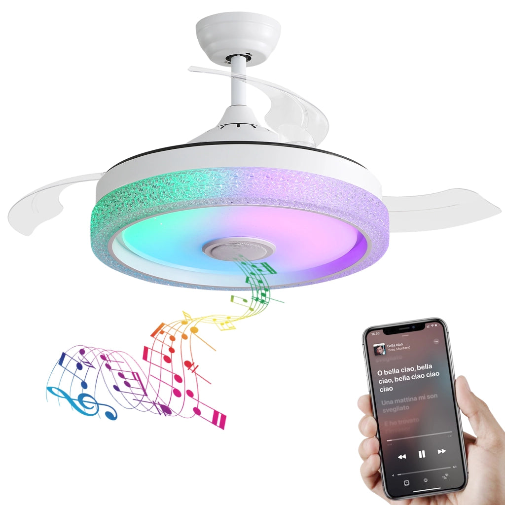 Ventilatore da soffitto RGB con luce LED dimmerabile da 36 W; controllo via app e telecomando Bluetooth bianco