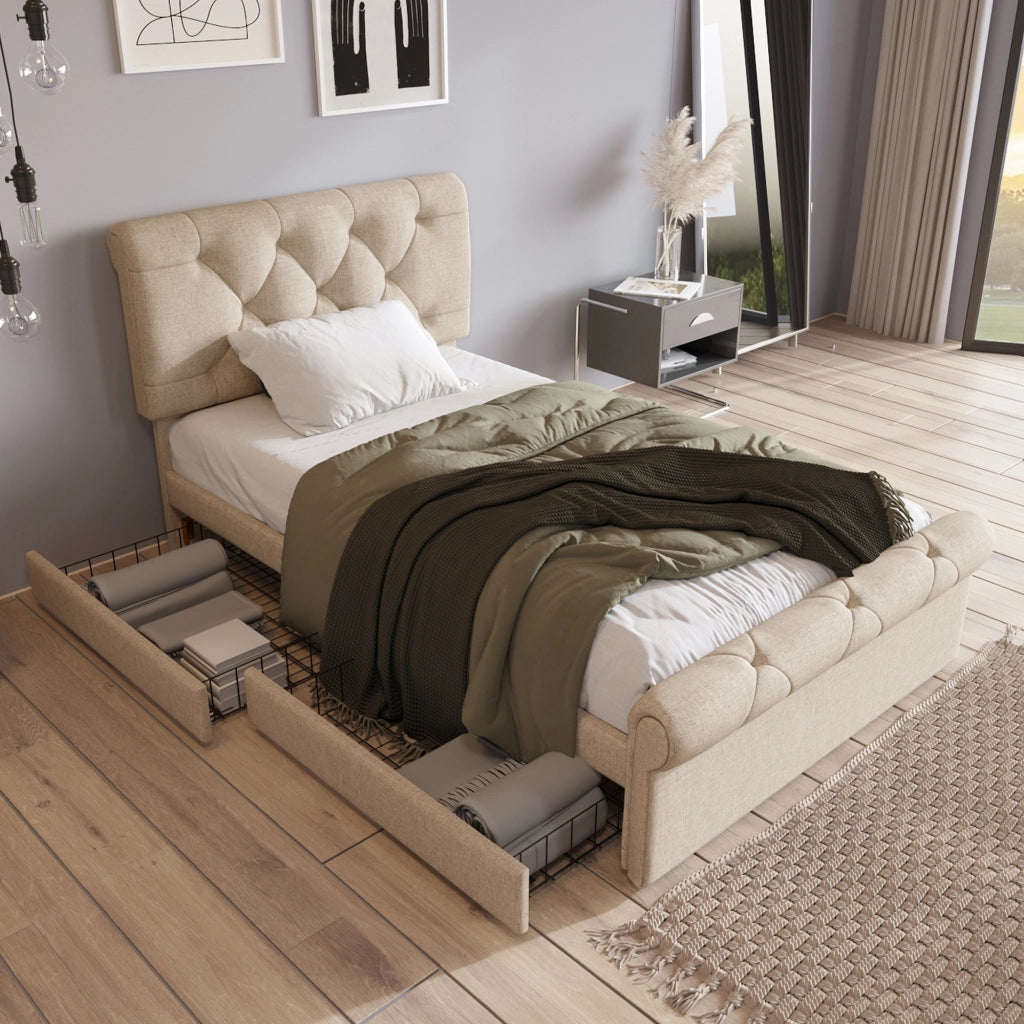 Letto singolo 90x200 cm imbottito con due cassetti