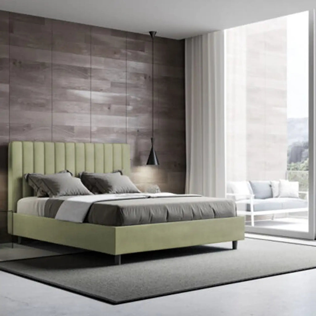 Letto matrimoniale francese con rete imbottito 140x190 microfibra tè verde Agueda