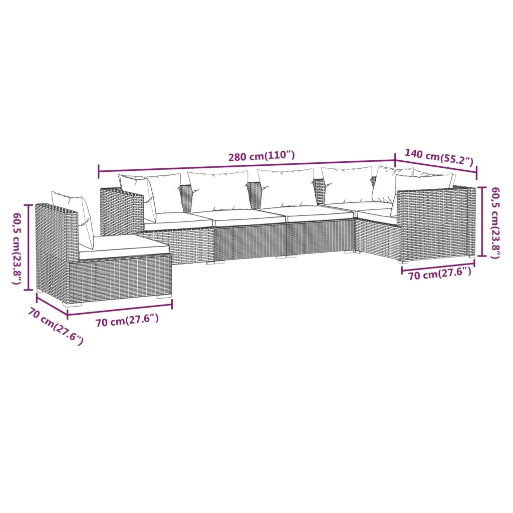 Set Divani da Giardino 6 pz con Cuscini in Polyrattan Marrone