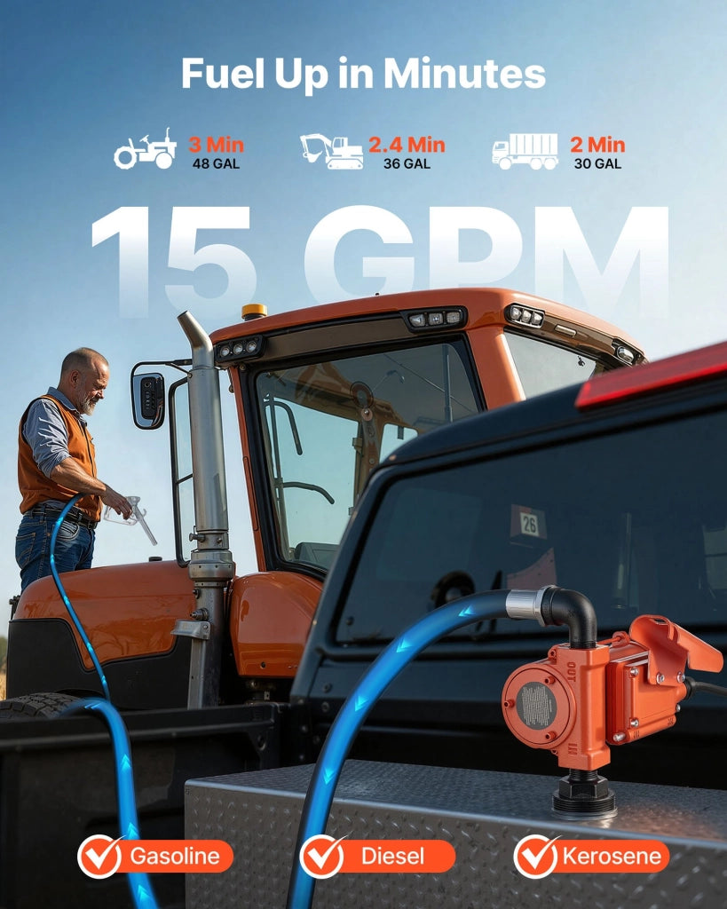 Pompa di Trasferimento Carburante 12V CC 15 GPM KEX-15e in Ghisa per Diesel Benzina con Tubo da 4m Robusta per Officina