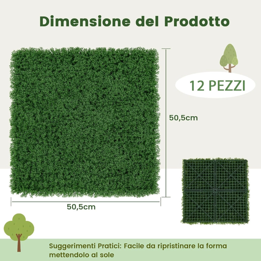 12 Pezzi di Pannelli Artificiale da Parete 50,5 x 50,5 cm, Pannelli di Muschio Perpetuo, Siepi e Recenzione Artificiale Effetto Realistico da Casa e Ufficio (Muschio perpetuo)