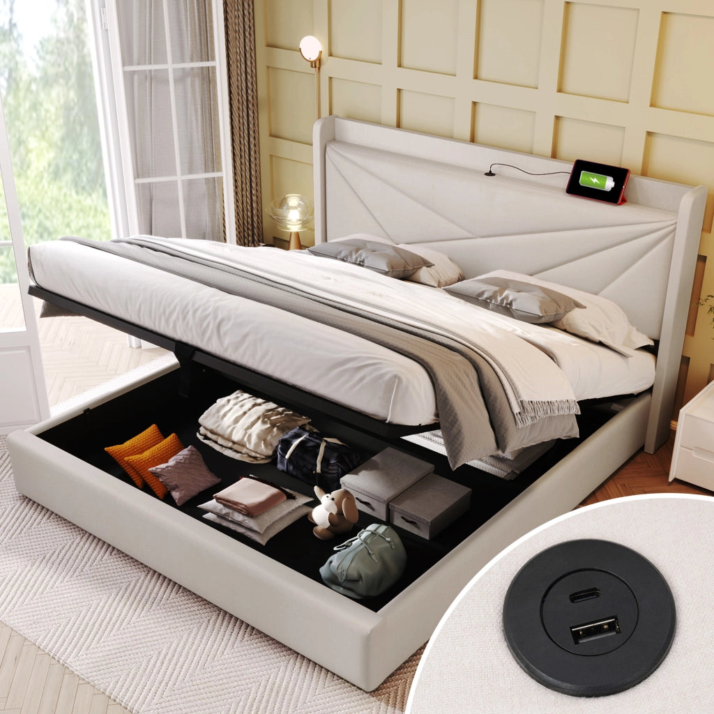 Letto Contenitore Matrimoniale 160x200 cm; USB e Type-C - in Cotone Lino - Beige