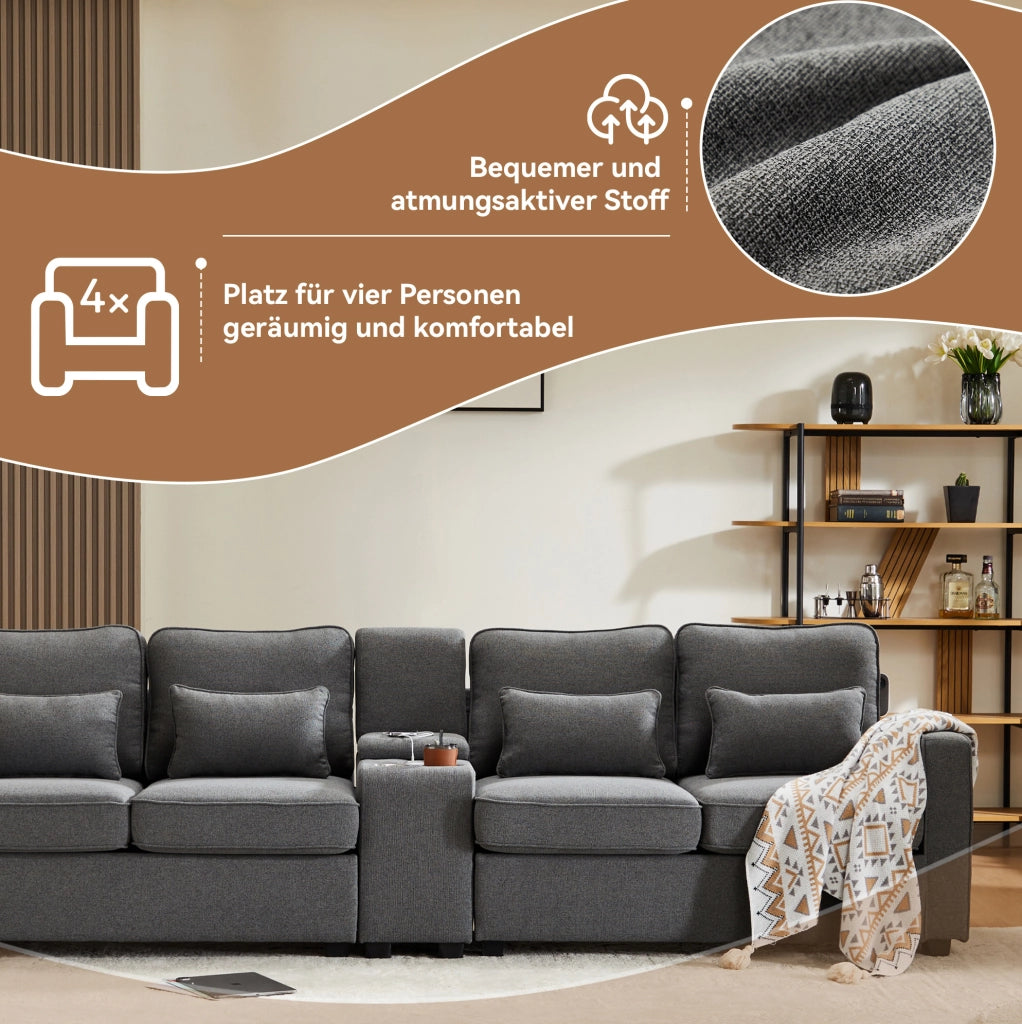 SOFA 4 posti 290x83x88 cm in lino grigio scuro con console, USB e 4 cuscini