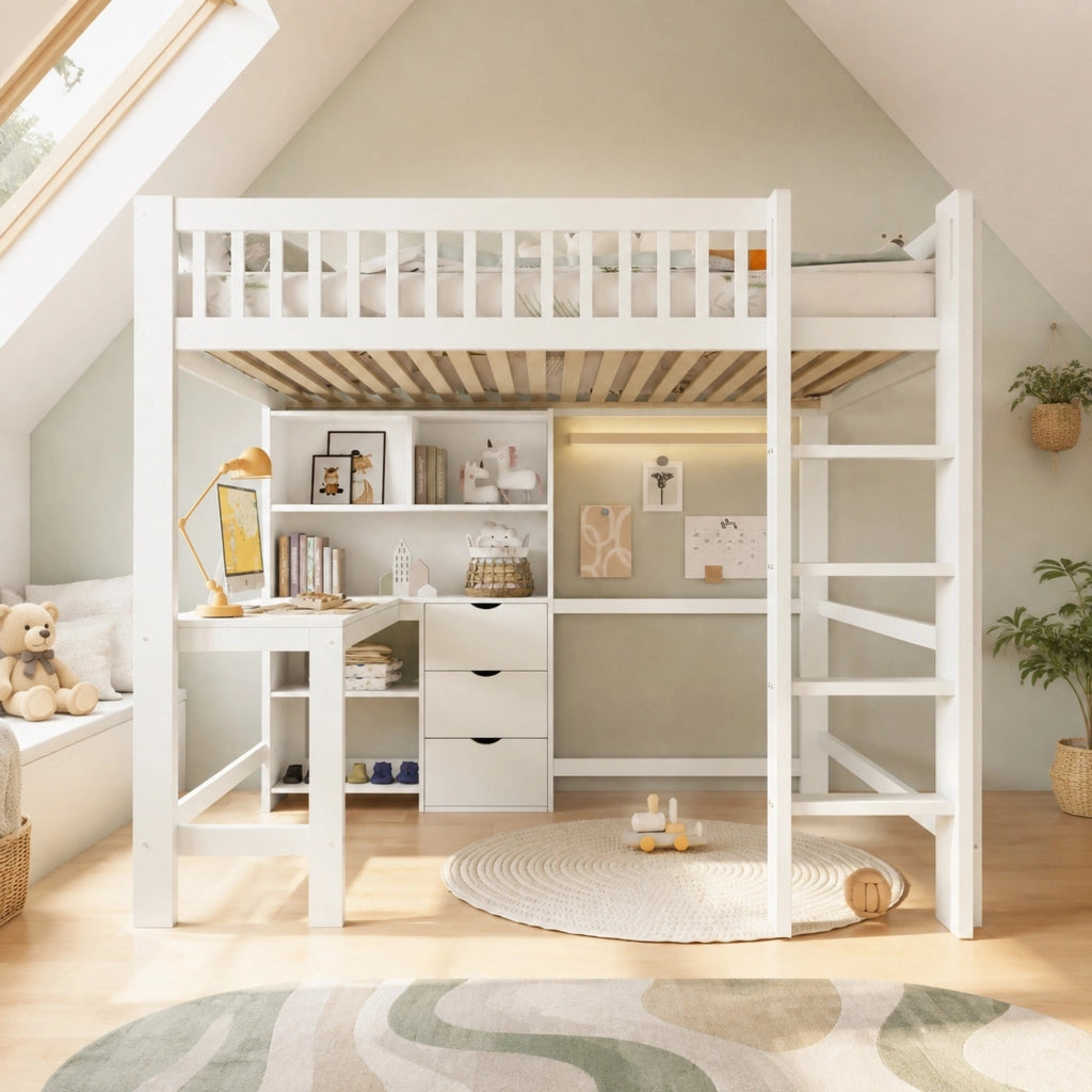 Letto a soppalco 140 ¡Á 200 cm con scaffali; scala con contenitore; LED multicolore; metallo e MDF nero