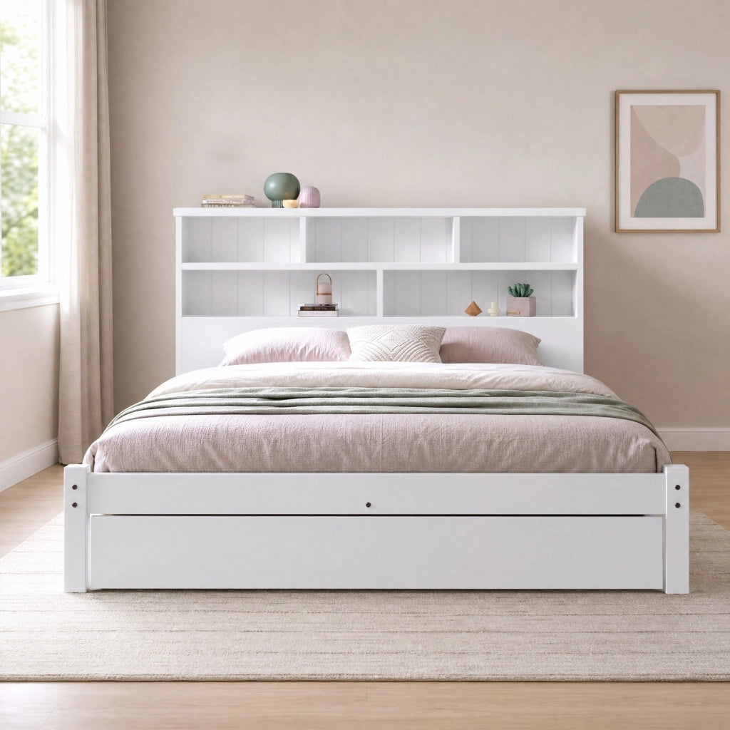 Letto matrimoniale 140x200 cm con testiera libreria e cassetti; bianco