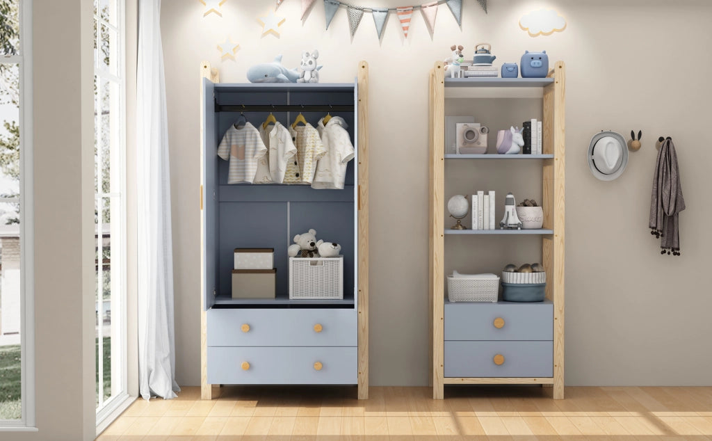 Set guardaroba e scaffale con appendiabiti 4 ripiani aperti e 4 cassetti in legno e MDF blu e naturale