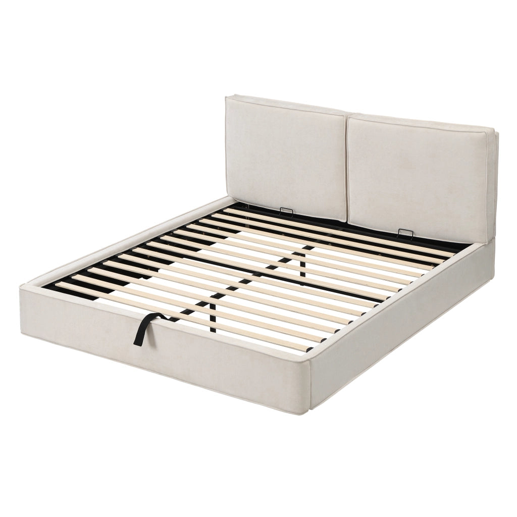 Letto matrimoniale imbottito con contenitore idraulico, chenille beige