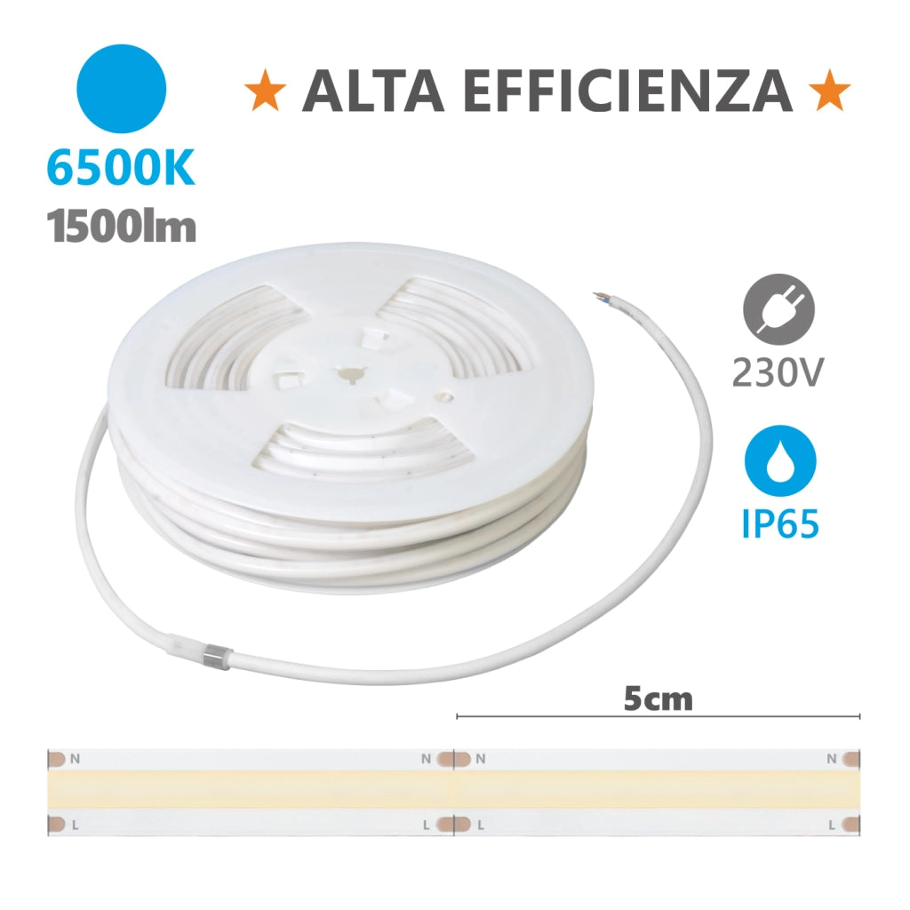 Alcapower Striscia LED 20m 230V IP65 15W/m 1500lm/m 6500K Serie HEM Milky Alta Luminosità per Esterni ed Interni, Elevata Efficienza Energetica