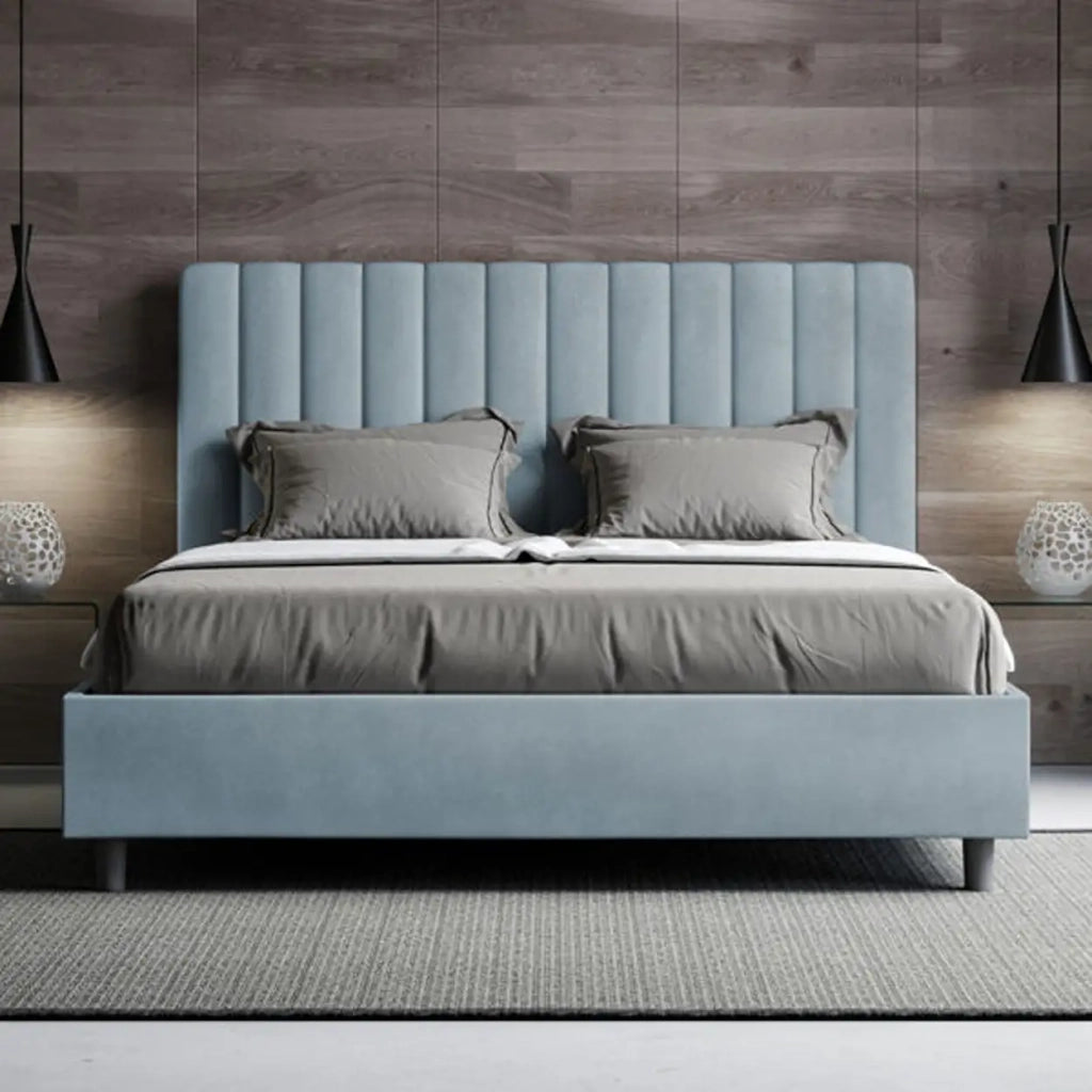 Letto matrimoniale francese con rete imbottito 140x190 microfibra azzurro Agueda