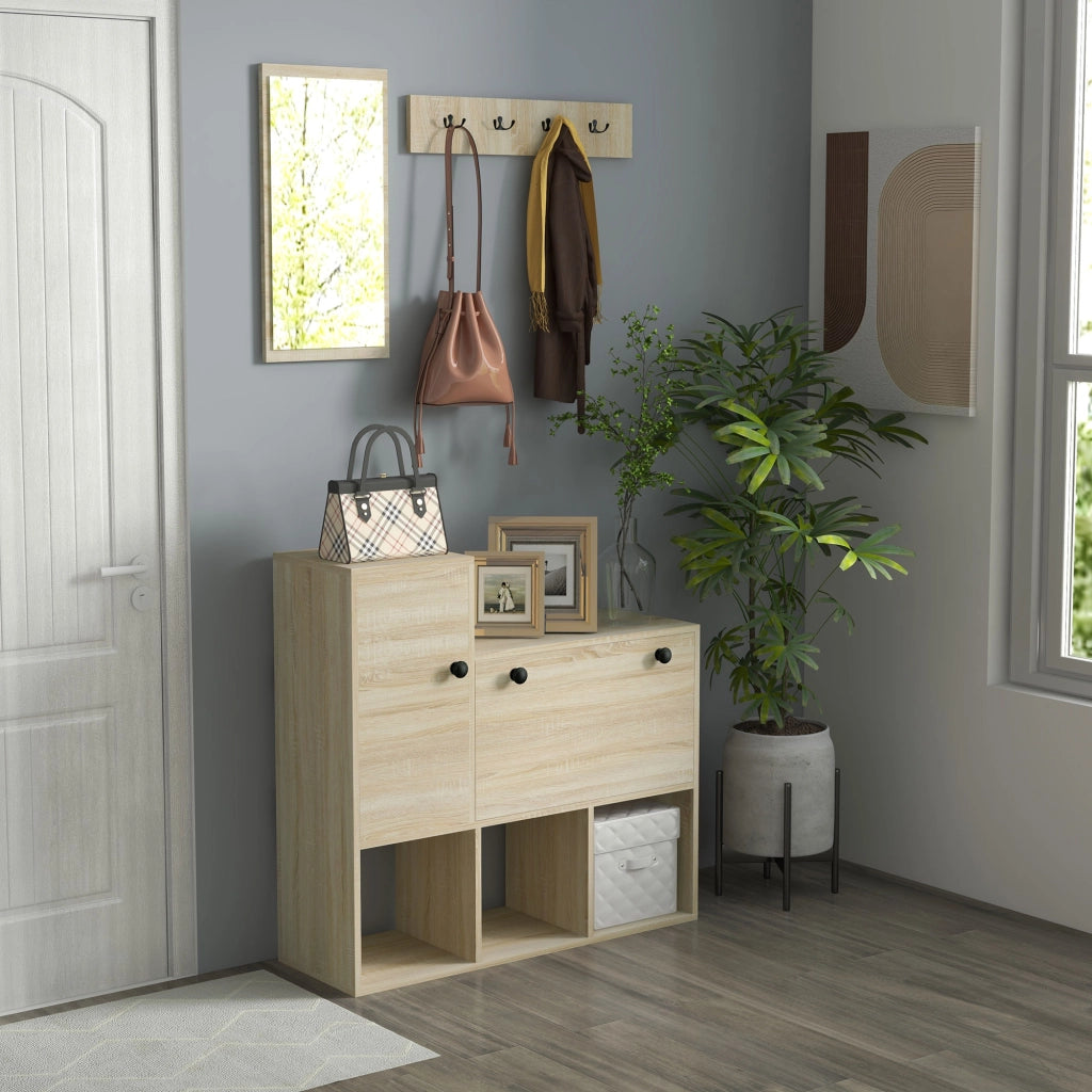 Easycomfort Set da Ingresso con Attaccapanni a Muro 4 Ganci, Scarpiera per 9 Scarpe, Armadietto e Specchio
