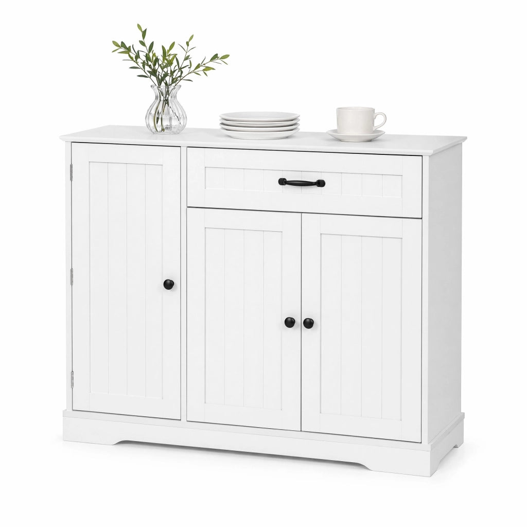 Credenza moderna bianca in MDF con 3 ante; cassetto e ripiani regolabili
