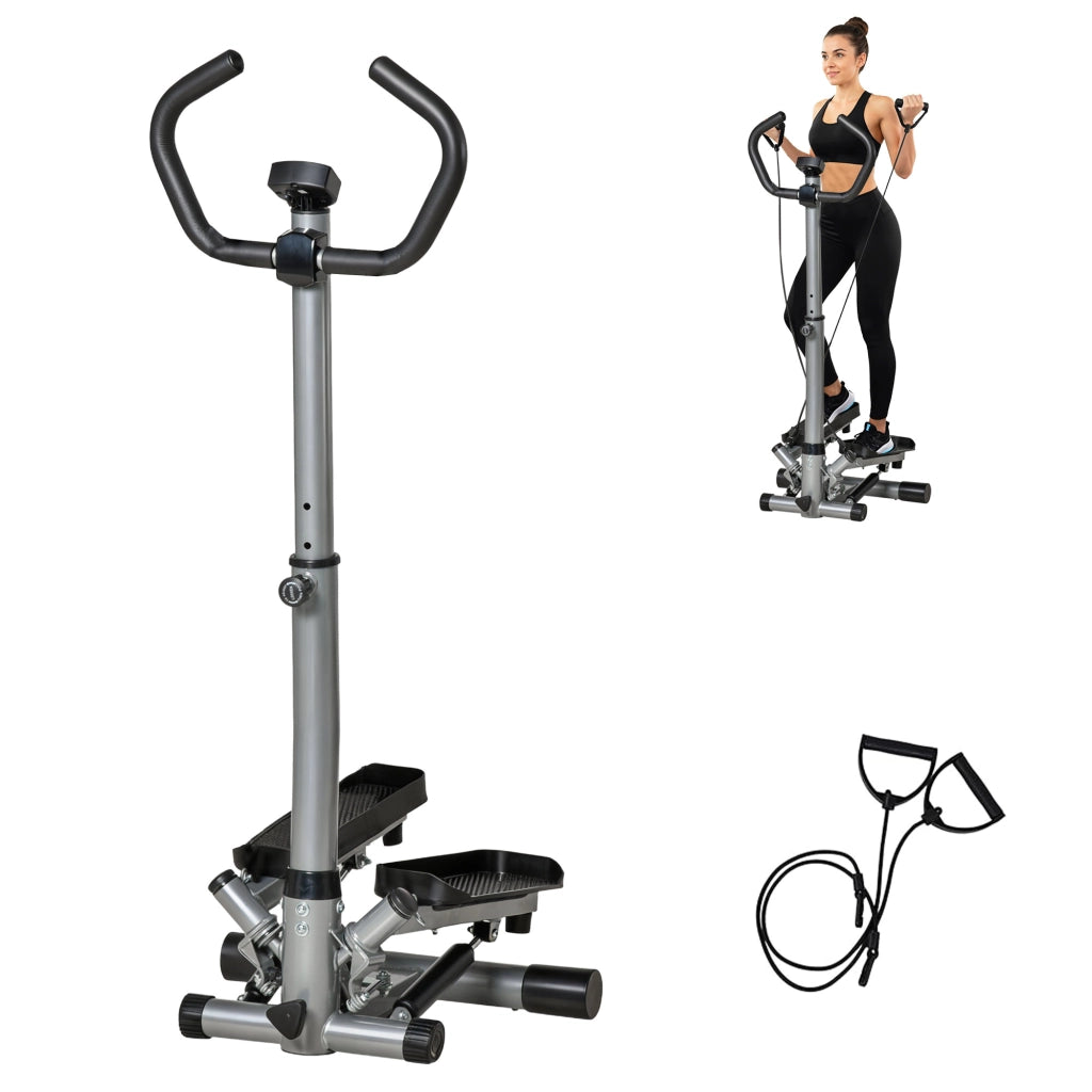 Stepper Fitness con Manubrio Regolabile, Monitor LCD ed Elastici per Casa, Nero, Robusto, 55x53x118-128cm