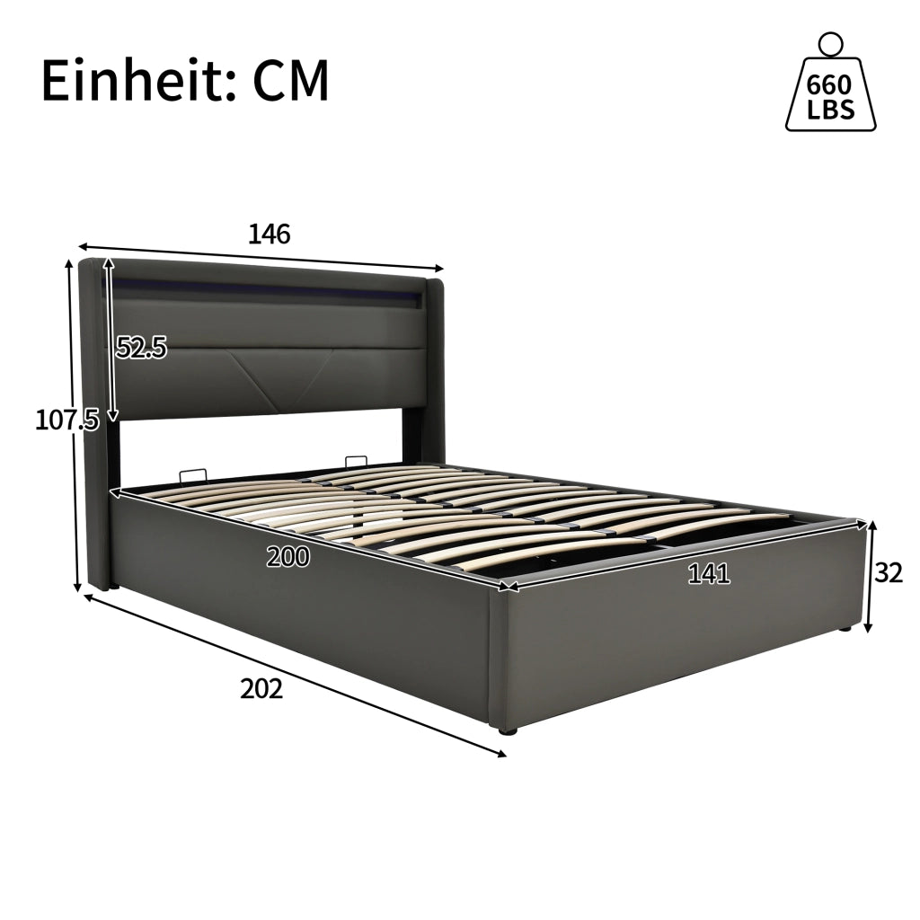 Letto doppio di 140x200 cm rivestito con illuminazione LED sistema idraulico di stoccaggio funzionale con telecomando colore grigio