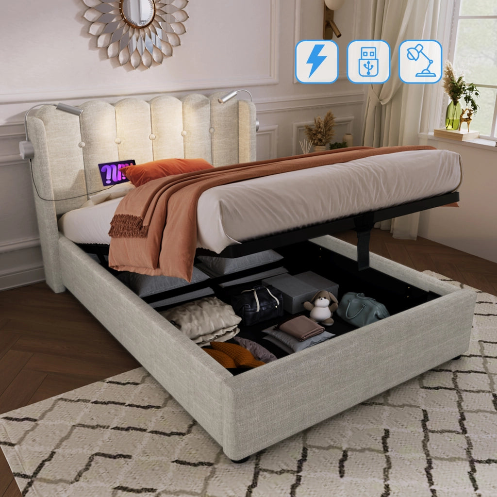 Letto singolo 90x200 imbottito in lino con contenitore