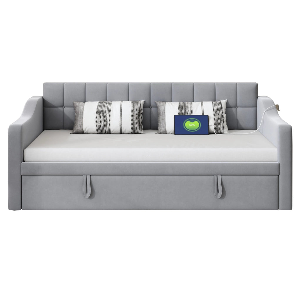 Divano letto imbottito allungabile 90x190 cm, grigio chiaro