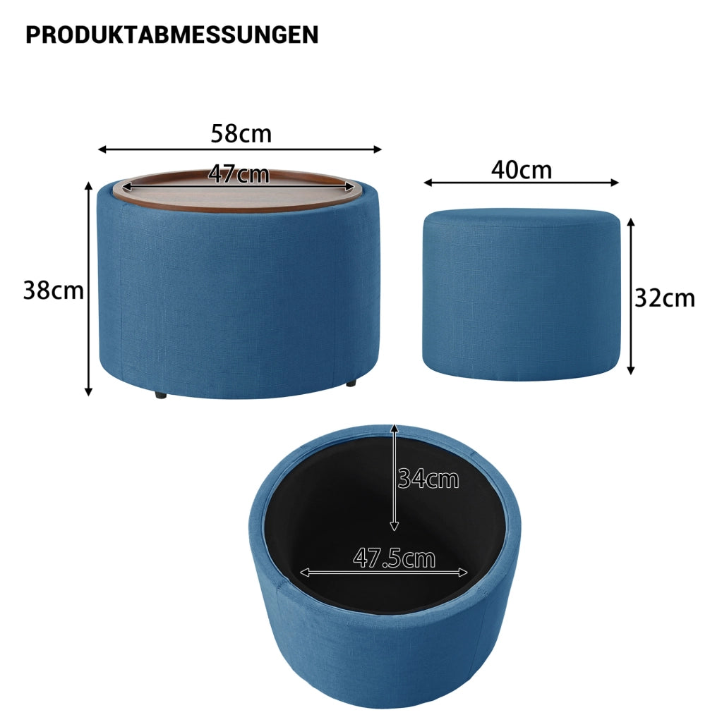 POUF Set da 2 pezzi 58 cm Blu in lino con vassoio in legno