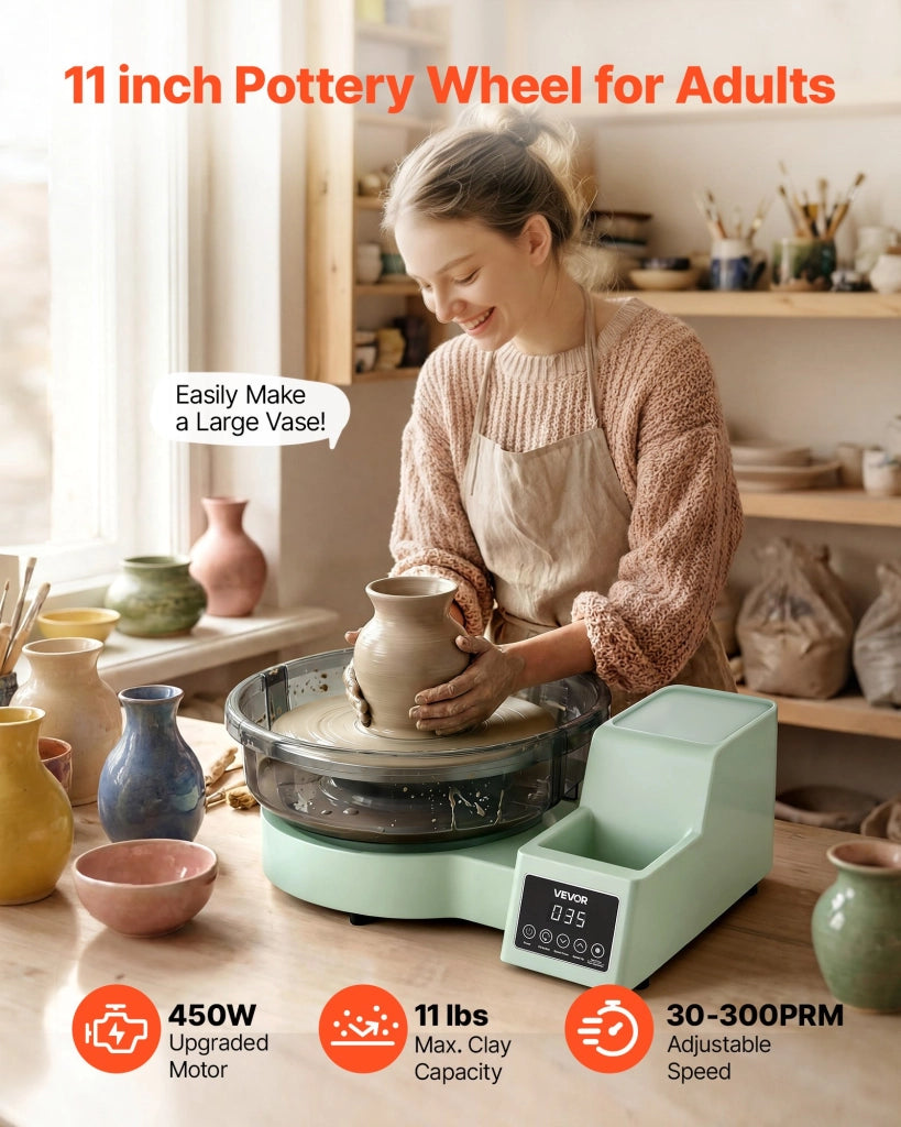 Tornio per Ceramica Elettrico 450W LSXPJ-515, Piatto in Alluminio 28cm, Vasca Rimovibile, Velocità 30-300 giri/min, per Fai da Te, Verde