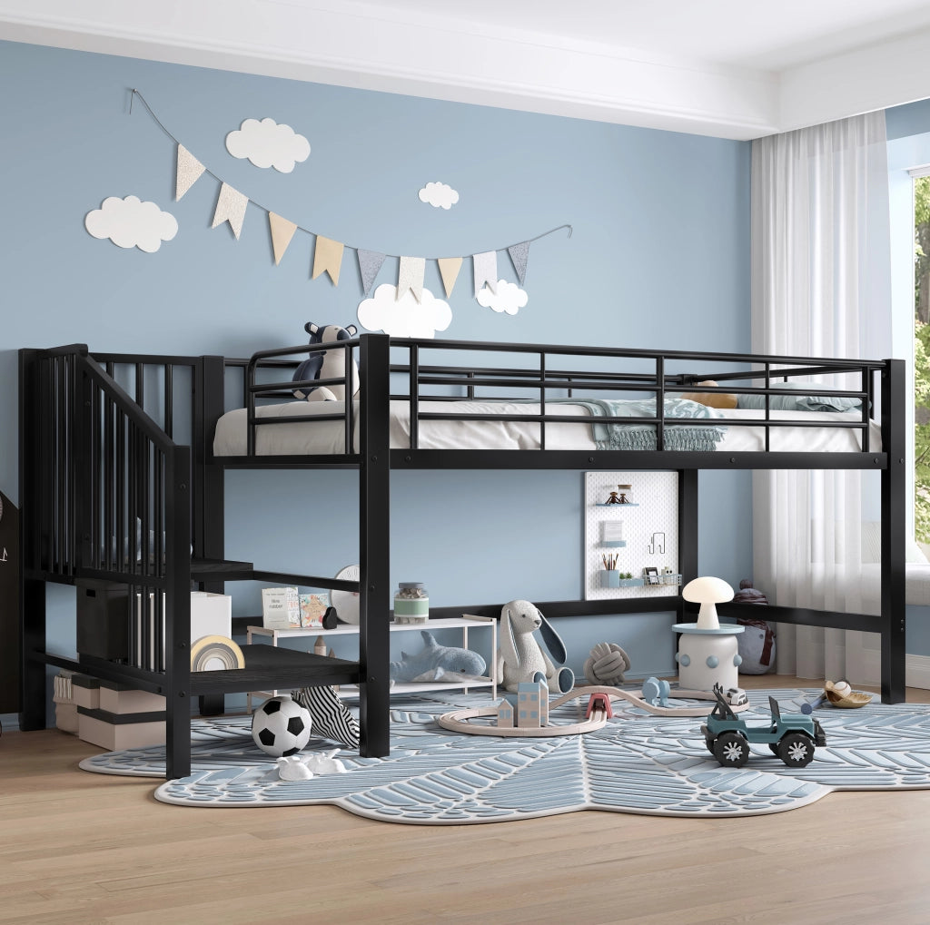 Letto a soppalco basso 90x200 cm con scala contenitore; nero