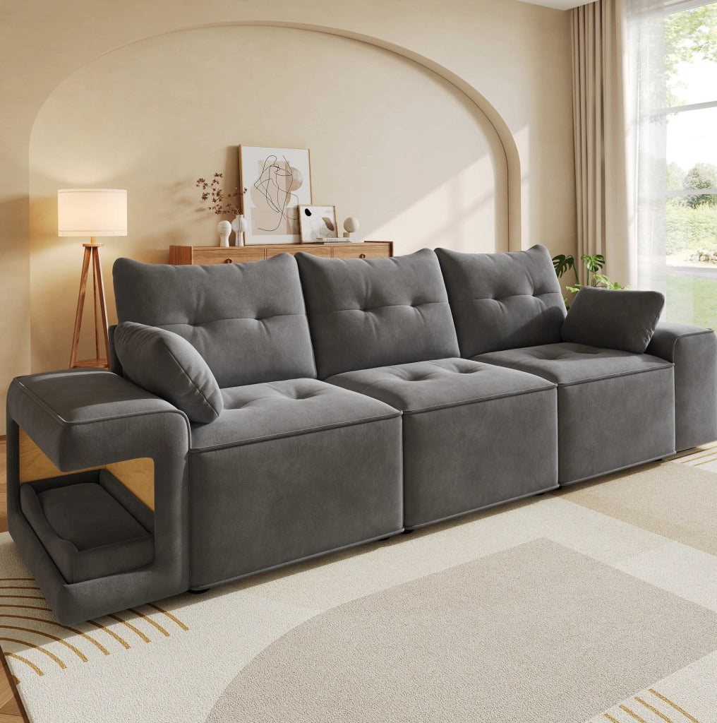 SOFÀ 3 POSTI 229,5x78x84 cm Velluto Grigio con 2 cuscini e vani portaoggetti