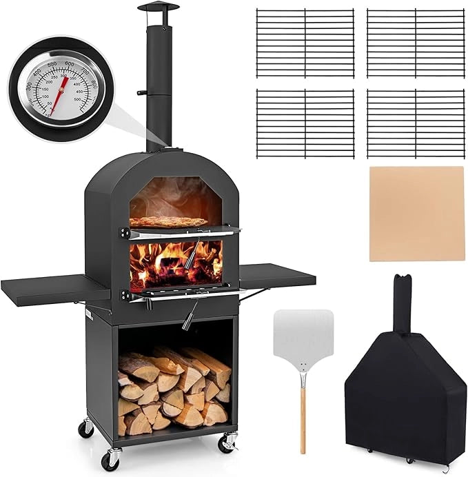 Forno per Pizza da Esterno con Ruote, Forno a Legna per Pizza con Copertura Protettiva, Pala per Pizza, Griglie e Termometro Integrato, per BBQ, Campeggio, Festa [Classe di efficienza energetica A+]