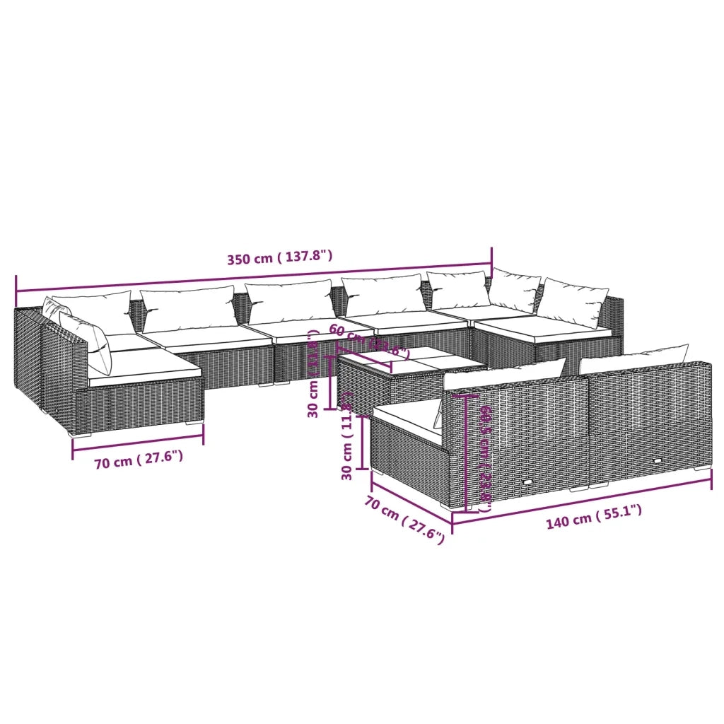 Set Divani da Giardino 10 pz con Cuscini in Polyrattan Marrone 3102035
