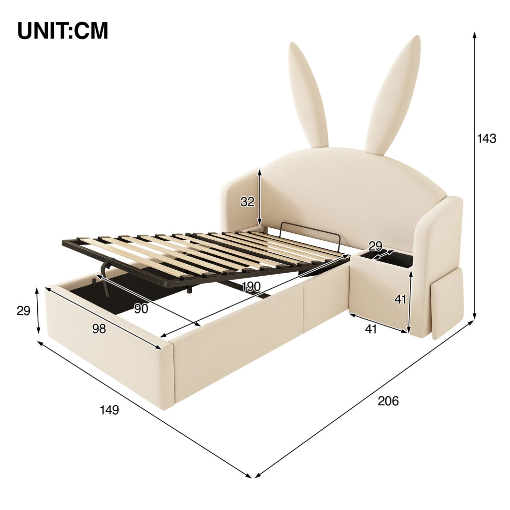 LETTO 90x190 cm per bambini in velluto beige con contenitore e comodino
