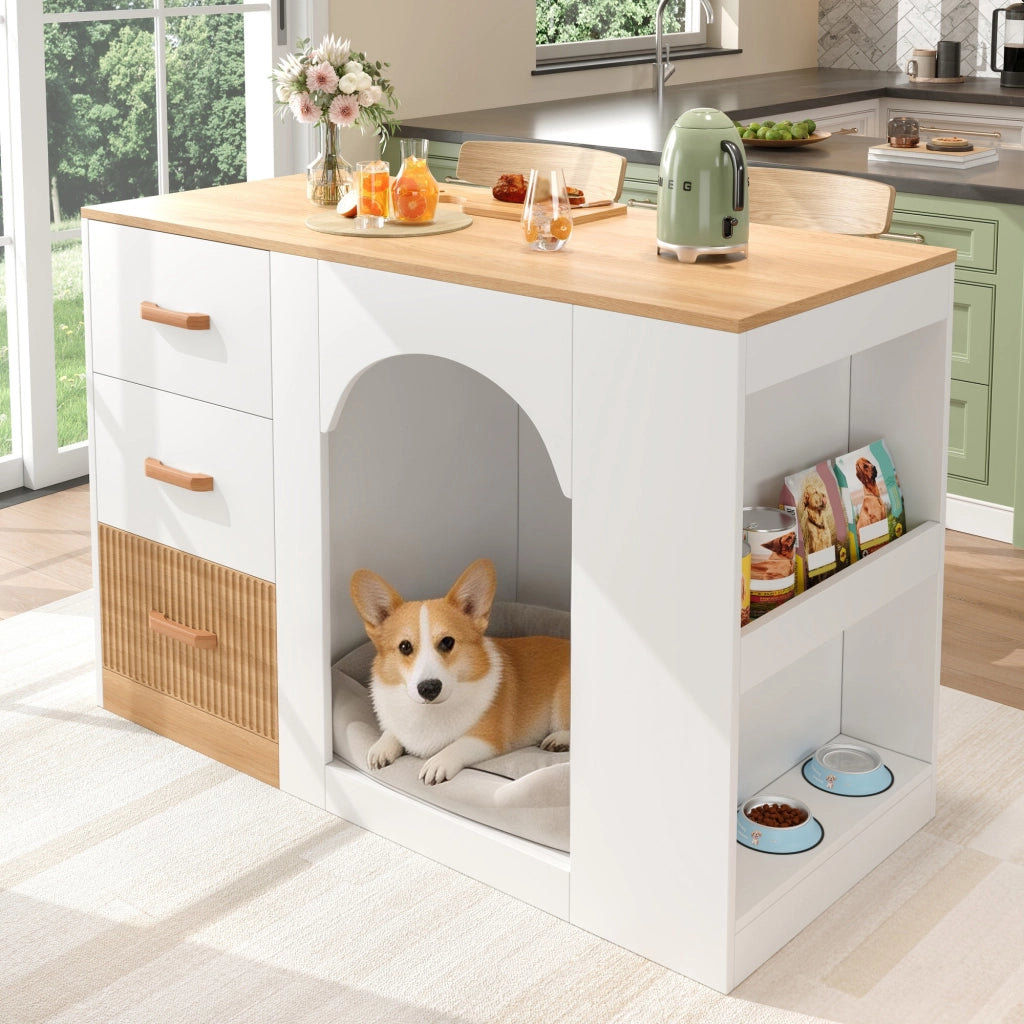 Isola cucina con spazio per cane 120 x 60 x 90 cm in MDF bianco effetto legno con 3 cassetti