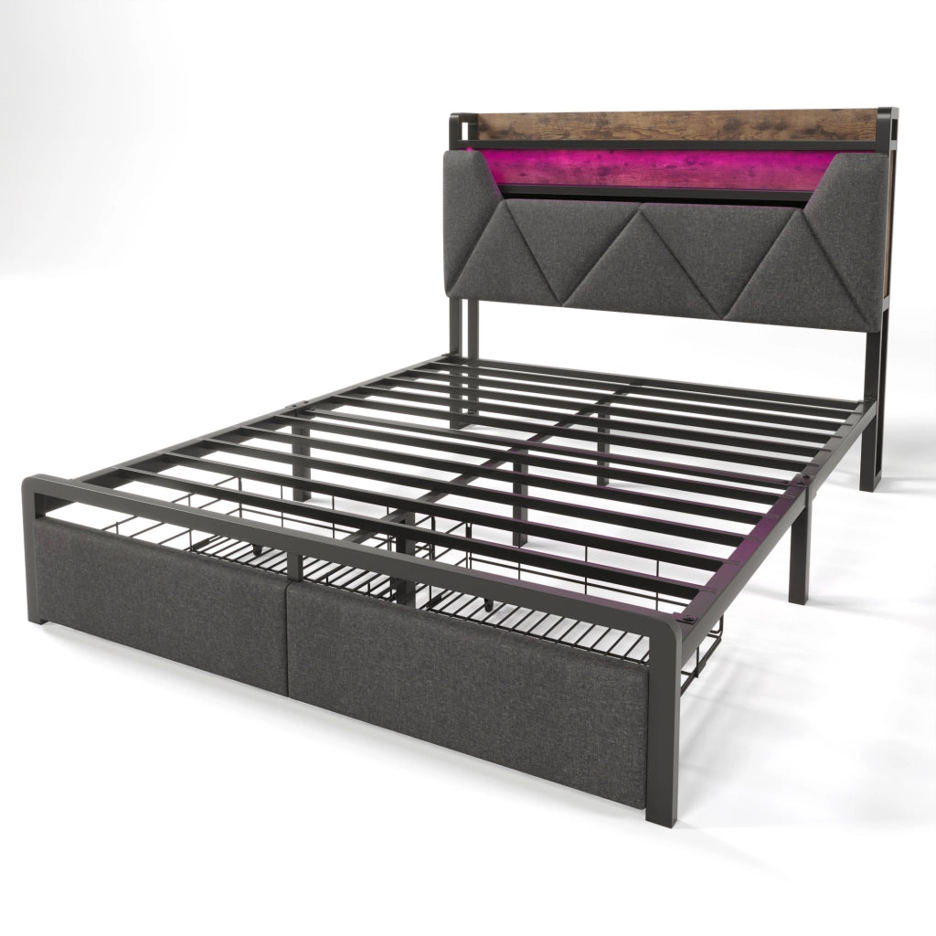 Letto matrimoniale imbottito 160x200 cm grigio con due cassetti
