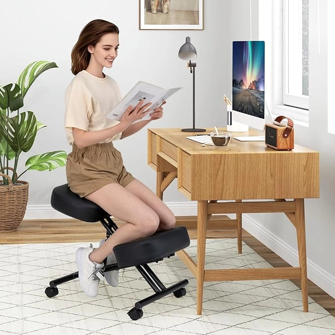Sedia Ergonomica Inginocchiata con Ruote Universali Bloccabili, Sedia da Ginocchio Regolabile Posturale Struttura in Metallo, Sgabello Ergonomica per Casa e Ufficio, Nero