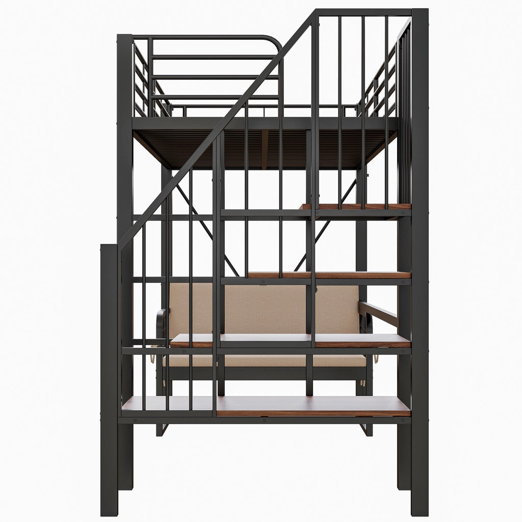 Letto a castello 90x200 cm con divano removibile e scala contenitore in metallo