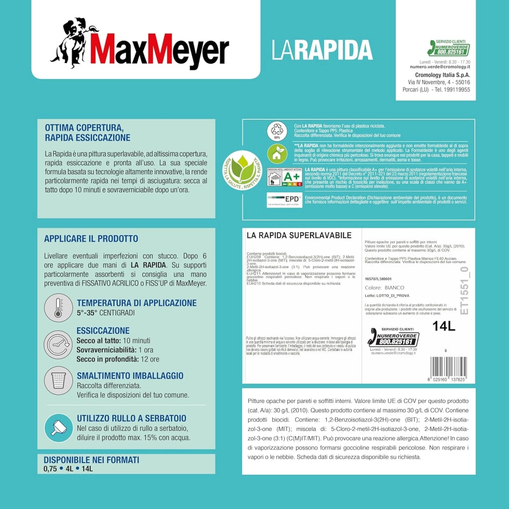 Idropittura Superlavabile per Interni La Rapida, Colore Bianco, 14L