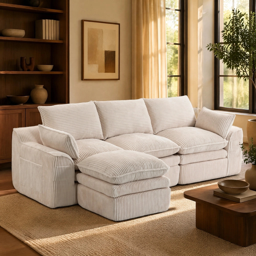Divano modulare 3 posti in corduroy beige con pouf, tasche laterali e cuscini