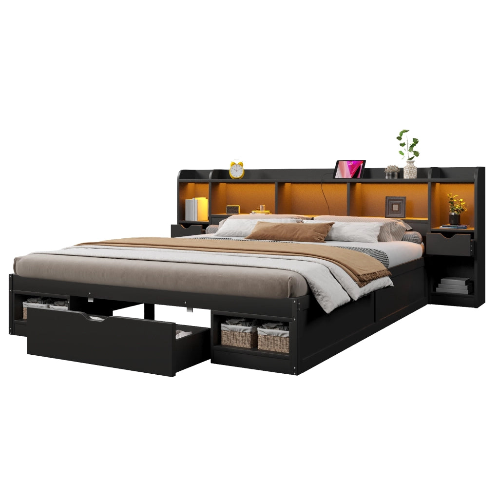 Letto a piattaforma 180 × 200 cm con contenitore MDF e compensato nero LED 3 cassetti e ripiani