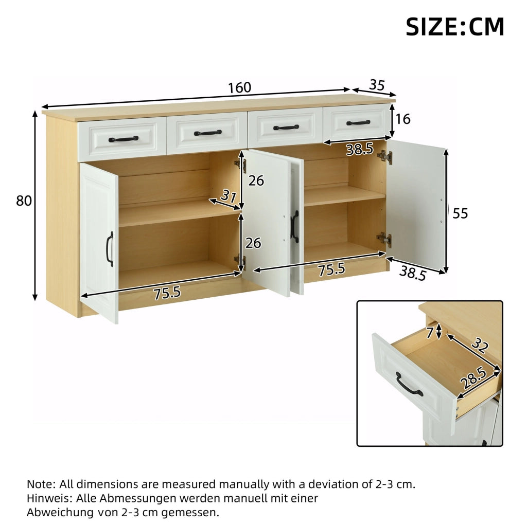 Credenza 160x35x80 cm con 4 cassetti e 4 ante in MDF bianco