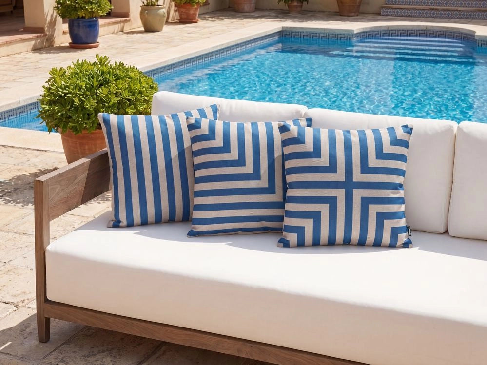 Set di 3 cuscini da esterno blu e beige in olefina decorativi per giardino