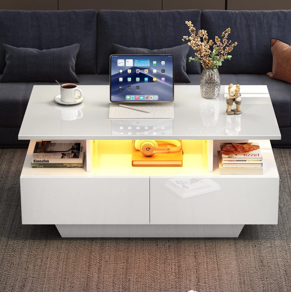 TAVOLINO DA CAFFÈ 90x55x41 cm Bianco lucido con LED e 2 cassetti