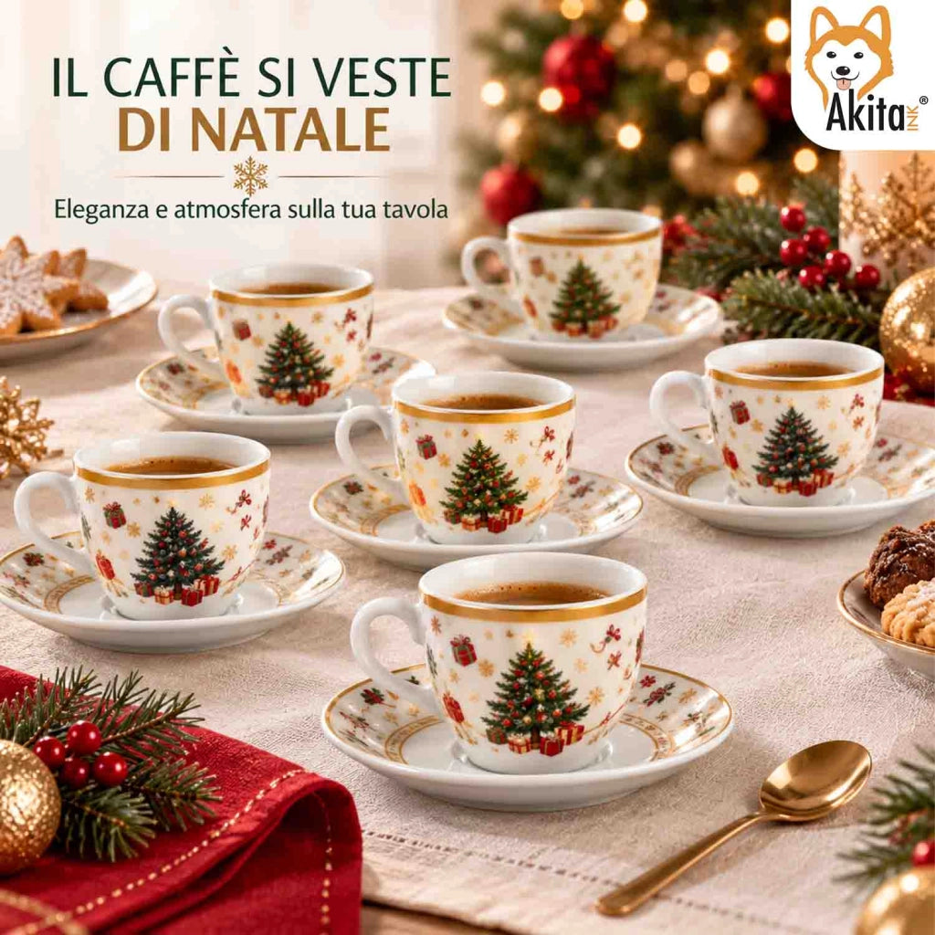 Akitaink 6 Tazzine da Caffe' Christmas Tree Gold con Piattino