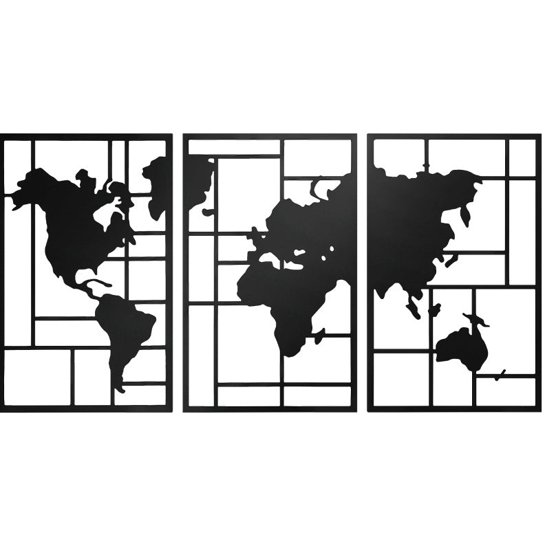 Décoration murale en métal 3 pièces carte du monde 150x80cm noir pour salon