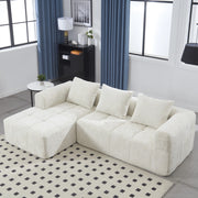 Divano modulare a L in chenille beige con chaise longue, 3 cuscini e tasche laterali