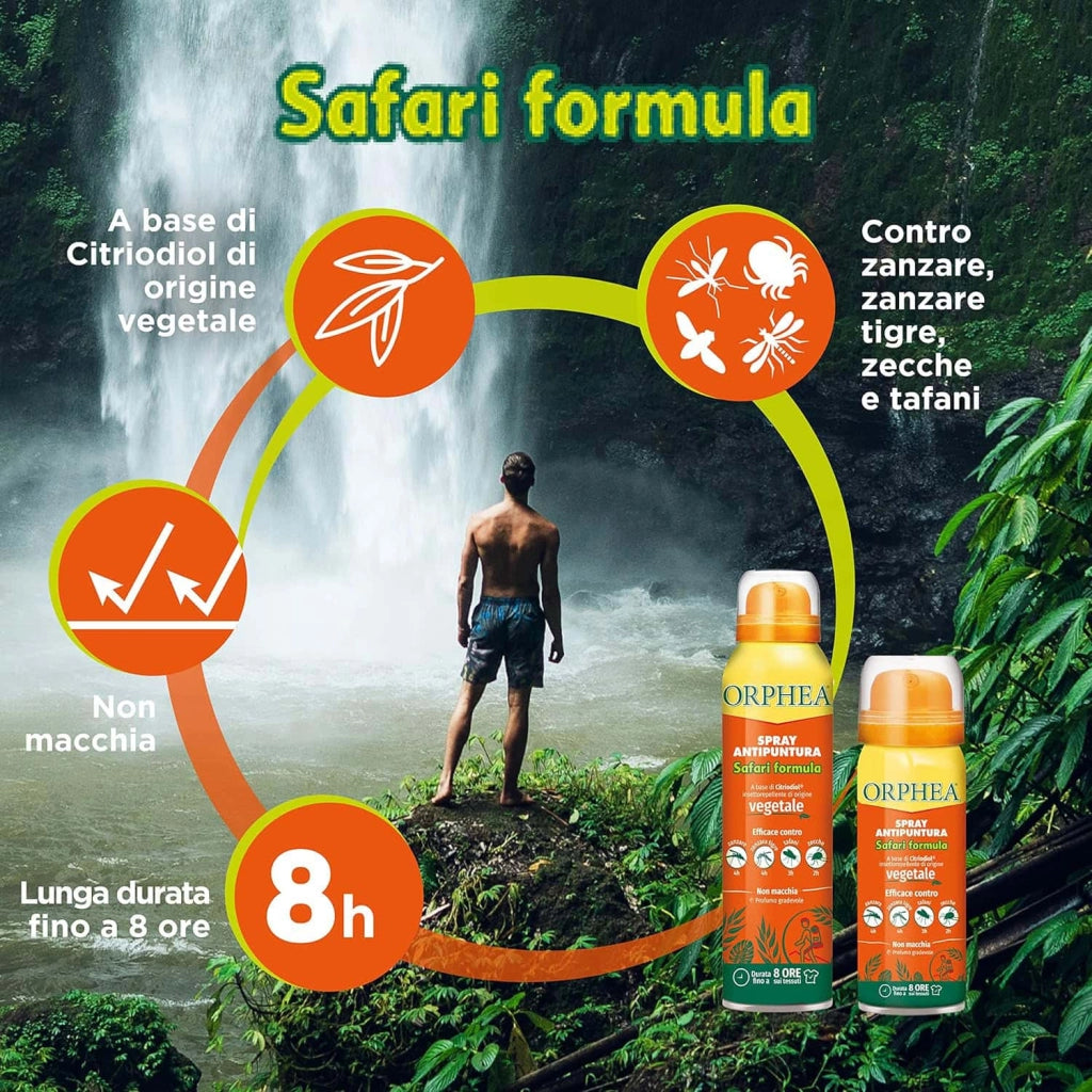 Antipuntura Spray Safari, Origine Vegetale, Non macchia, Profumo Gradevole, Durata fino a 8 ore, 100ml, Orphea
