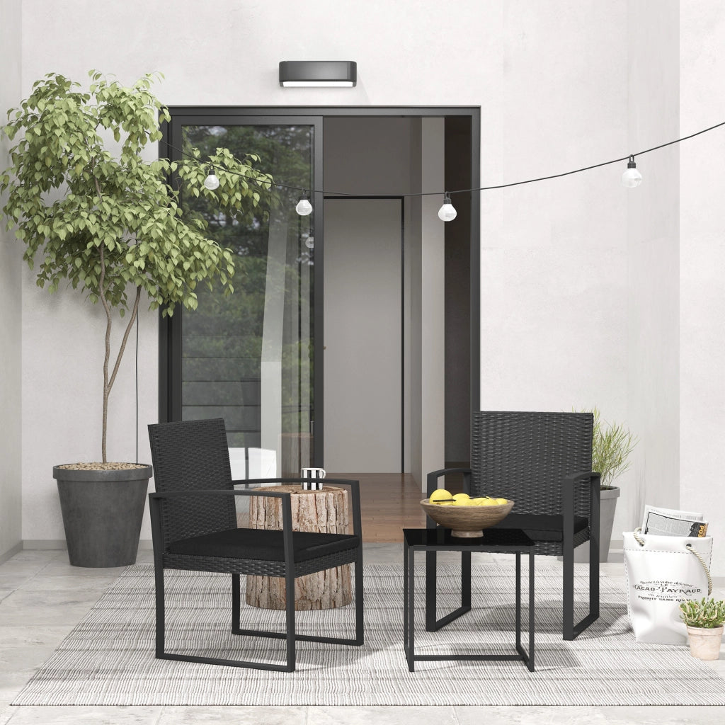 EasyComfort Set da Giardino 3 Pezzi con 2 Sedie con Cuscini e Tavolino con Piano in Vetro, Effetto Rattan Nero