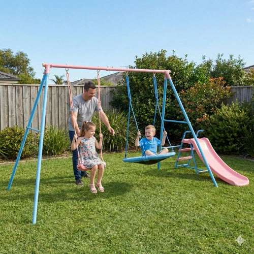 Altalena con due sedute e scivolo per bambini da 3 anni in acciaio e plastica HDPE blu e rosa 120 × 40 × 26 cm