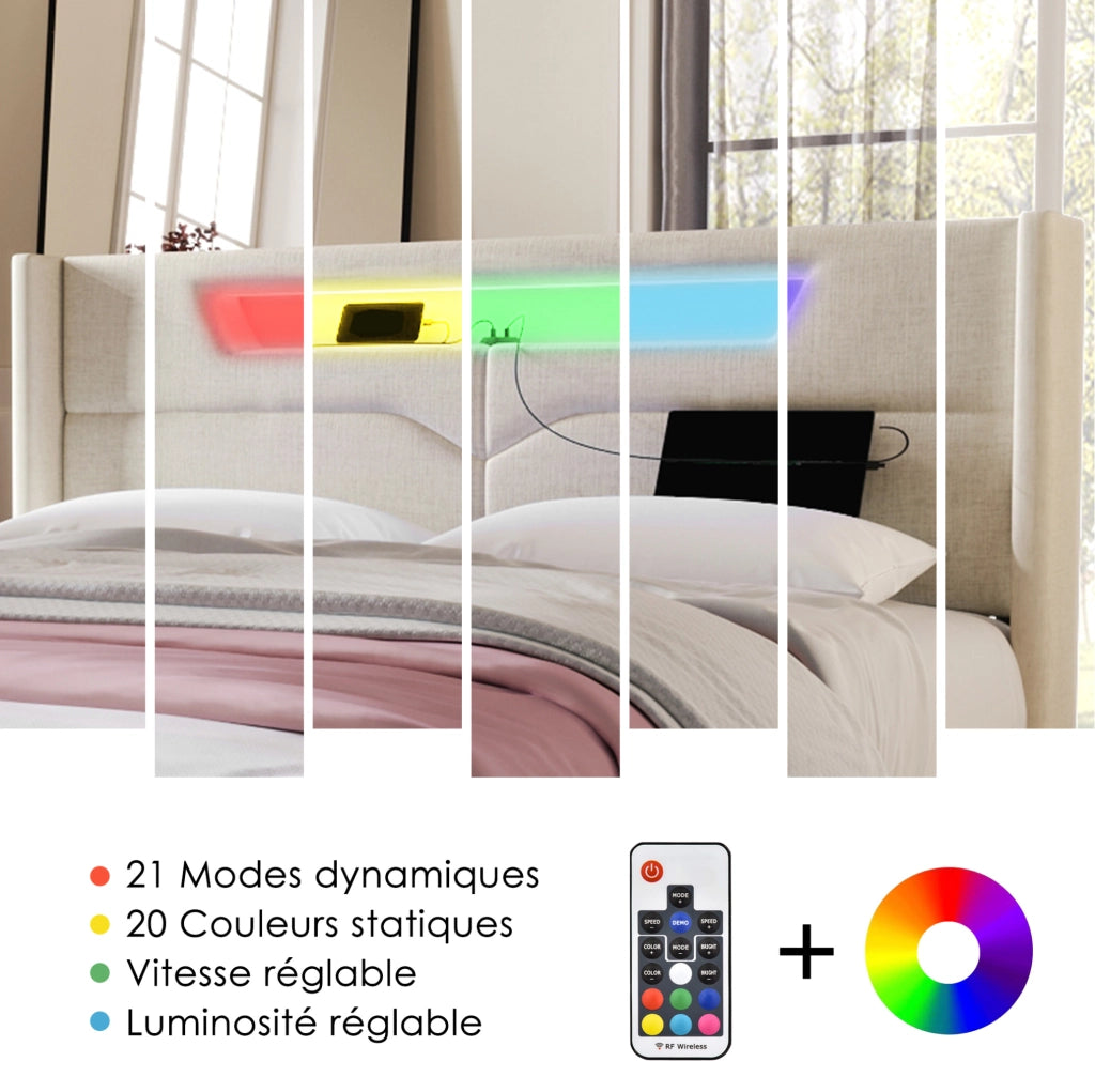 Letto matrimoniale imbottito 140x200 cm in lino beige con LED, USB e Type-C