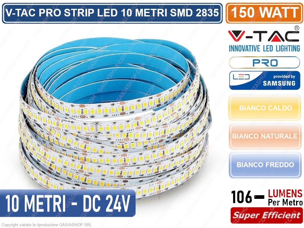 V-TAC PRO VT-10-24 STRISCIA LED 2835 MONOCOLORE 240 LED/METRO 24V CHIP SAMSUNG - BOBINA DA 10 METRI IP20 - Colore Luce:Bianco Naturale