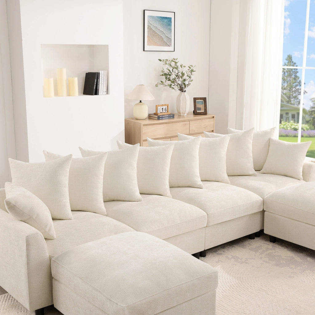 Divano angolare modulare 6 posti a U/L con 2 pouf, porte USB e Type-C, chenille beige